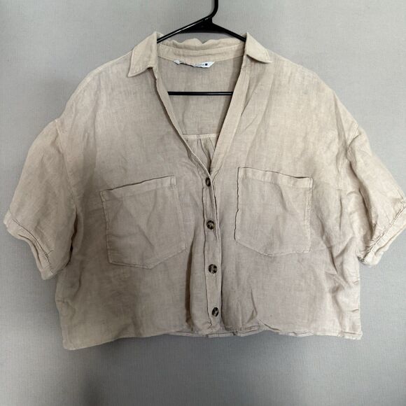 Zara Linen Top Medium Beige Womens Cropped Short Sleeve Boxy Button up Collared - Picture 2 of 7